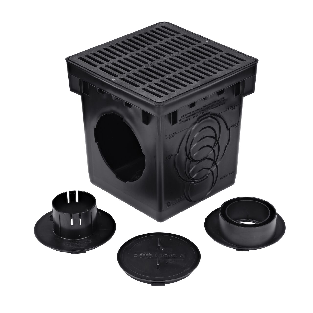 Unassembled 12 in. Catch Basin Drain Kit with black grate (NDS 1200BLKIT) includes two adapters for both outlets