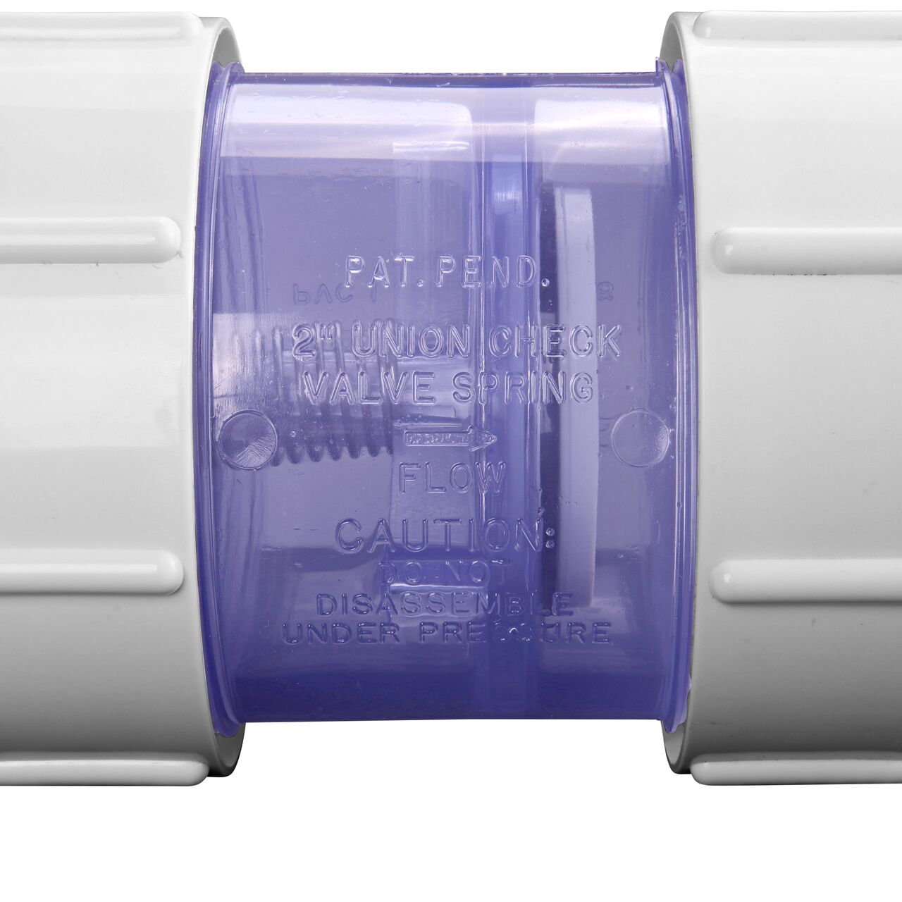 Closeup of the directional arrow on the NDS 2 in. IPS slip by slip PVC Compact True Union 1/2 lb. Spring Check Valve (NDS 1790C20)