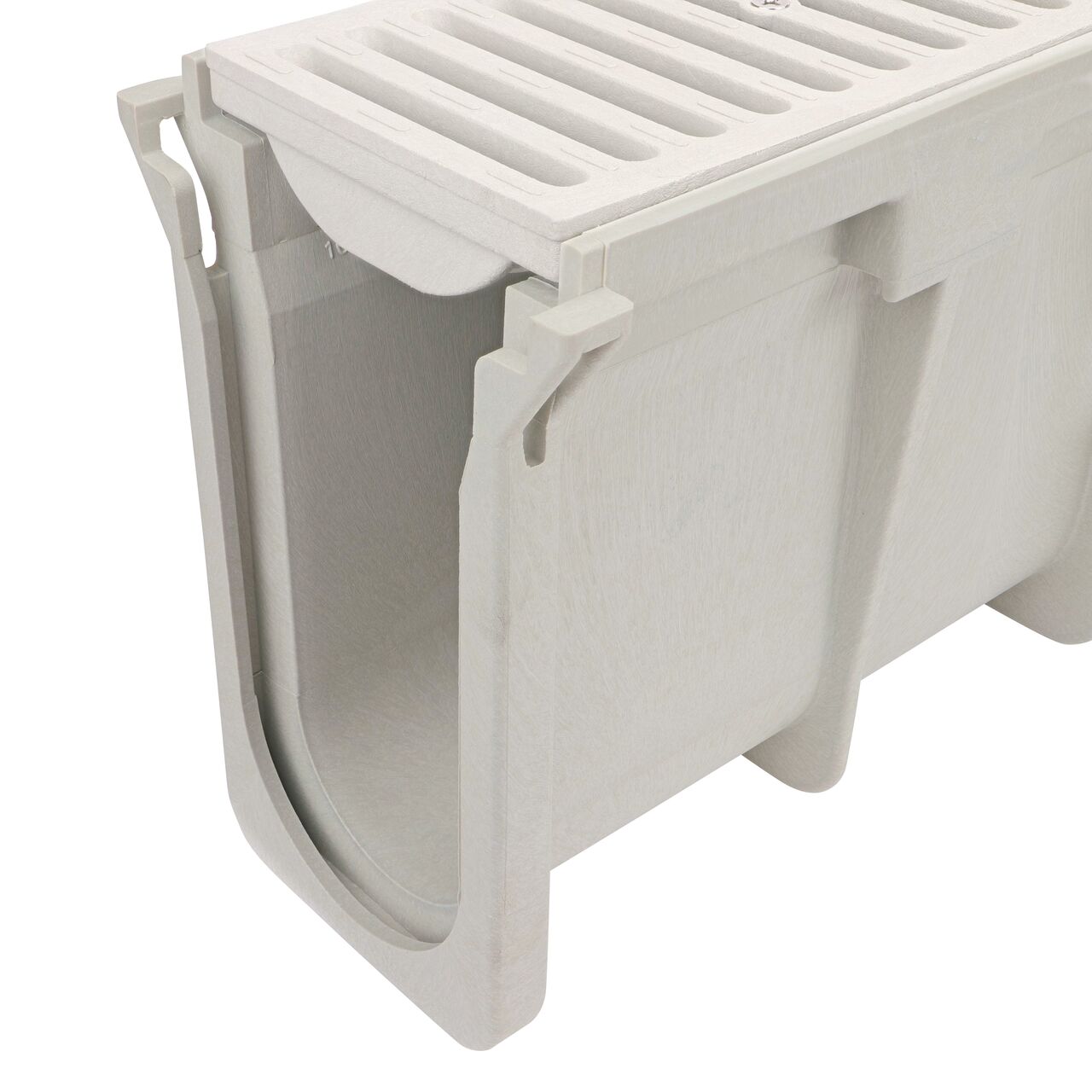 Closeup groove (female) side of the NDS 9.70 in. to 10.05 in. Deep Dura Slope Channel Drain (NDS DS-108) with the Standard Dura Slope Light Gray Grate installed (NDS 661LG)