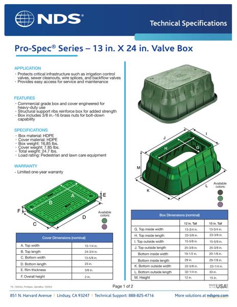 NDS 13 in. X 24 in. Rectangular Pro-Spec® Series Valve Boxes & Covers Tech Spec