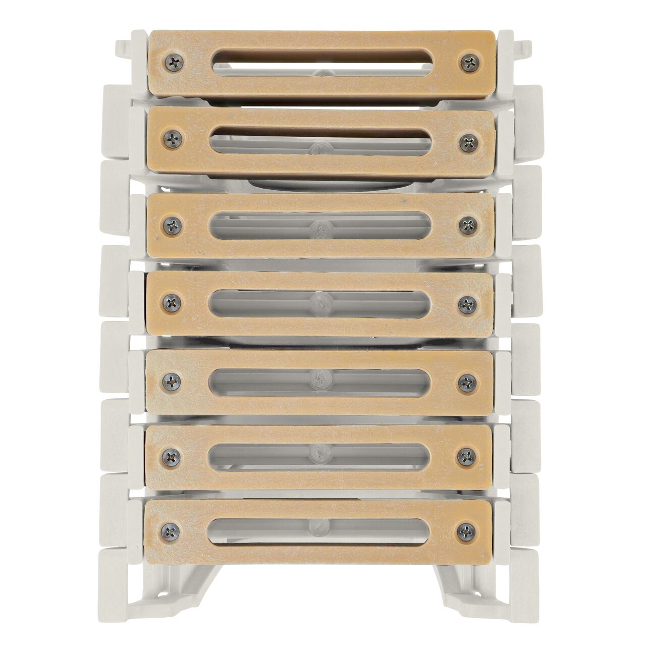 Top down view of Seven Sand Slotted Plastic Dura Slope™ Channel Drain EZ-Track™ Radius Coupling Grates (NDS DS-664MG) installed on seven Dura Slope EZ-Track Radius Couplings (NDS DSRC) without any turn