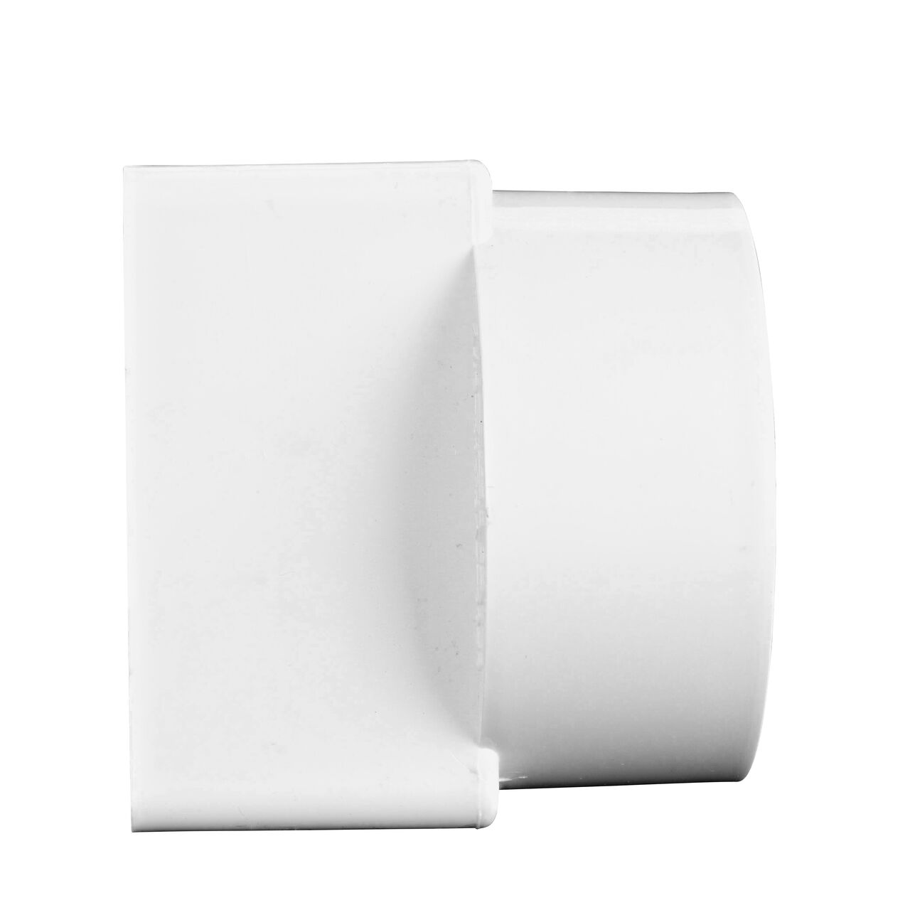 Side view of the PVC offset downspout adapter showing either end that connects to a 2X3 in. Downspout and a 3 in. S&D Hub (NDS 9P03)