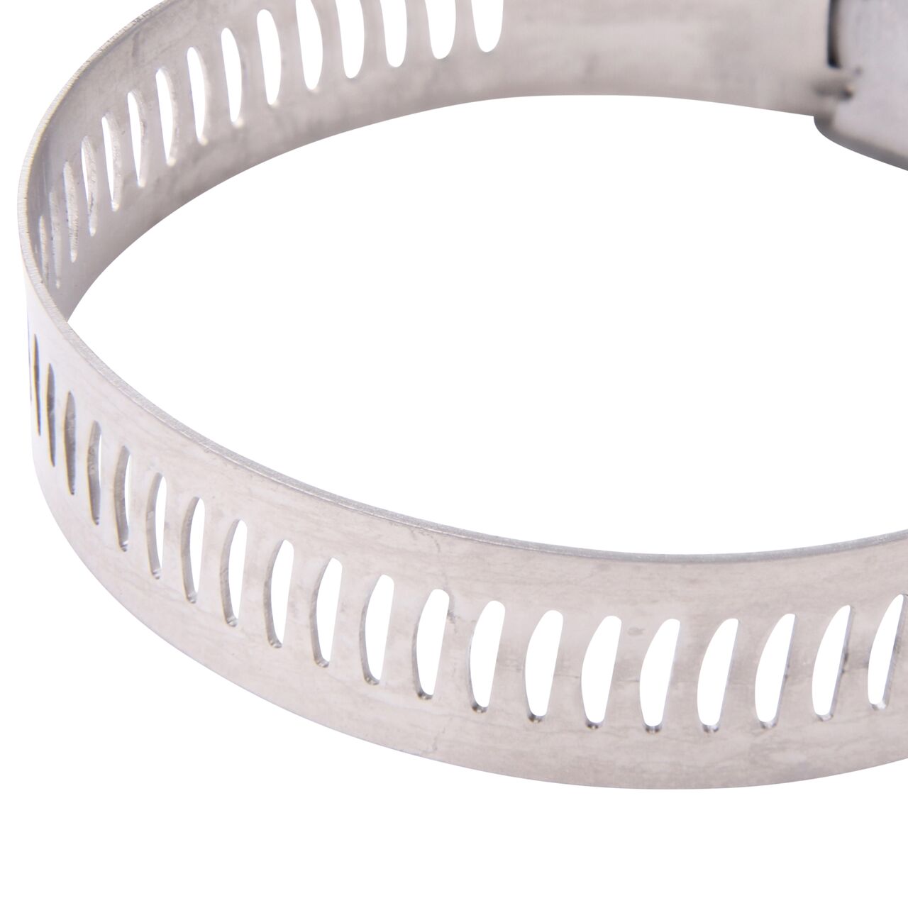 Closeup view of the arcial perforated slots in band for added strength and smoother engagement on the NDS SAE 28 Worm Drive Hose Clamp with Aero Seal 1/2 in. band width (NDS 64028H)