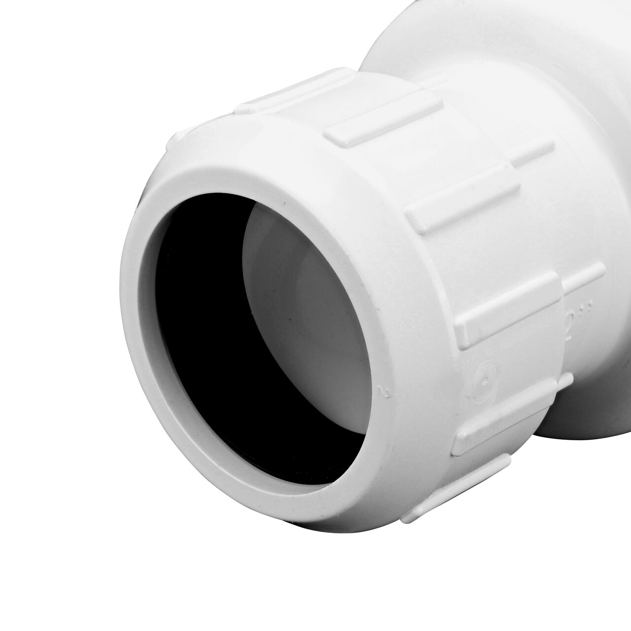 Closeup of the non-sloped inlet compression end of the NDS White 2 in. PVC Compression Swing Check Valve (NDS 1500-20)