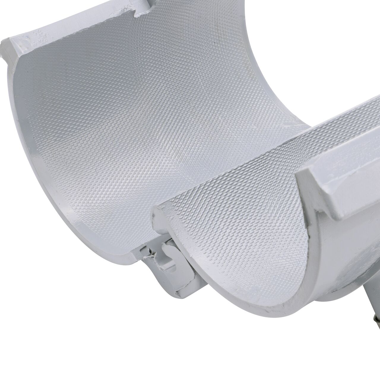 Closeup of the hinge open on the NDS Clamp-It™ Rigid PVC Saddle with 1 in. FPT connection on top (NDS 443010) for 3 in. PVC pipe