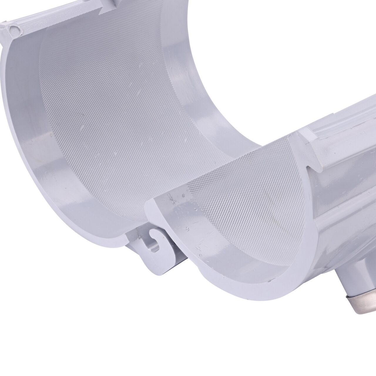 Closeup of the hinge open on the NDS Clamp-It™ Rigid PVC Saddle with 1 in. FPT connection on top (NDS 444010) for 4 in. PVC pipe