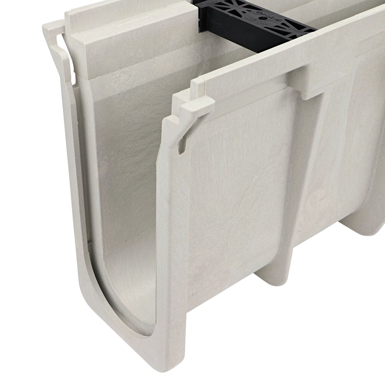 Closeup view of the Dura Slope Channel Drain, 10.71 in. to 11.05 in. Deep, with groove joints facing camera (NDS DS-111)