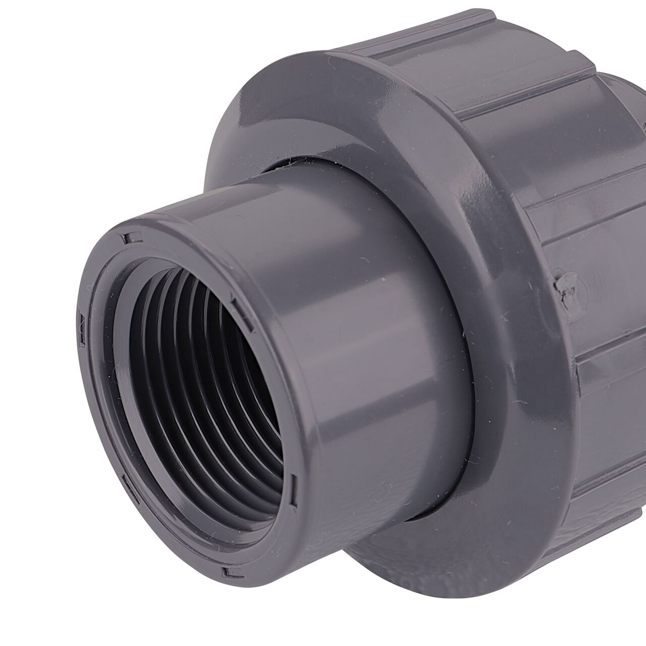 Closeup view of the other threaded end on the NDS 1 in. PVC Union (NDS U-1000-T) used to connect pipes and provide a quick way to separate pipes when needed