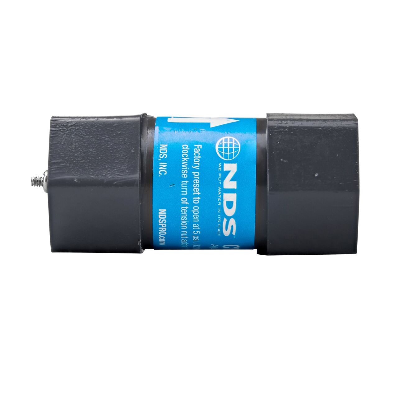 Side view of the NDS Gray 3/4 in. IPS FPT X FPT PVC Adjustable Inline Spring Check Valve (NDS CV-0750-FF)