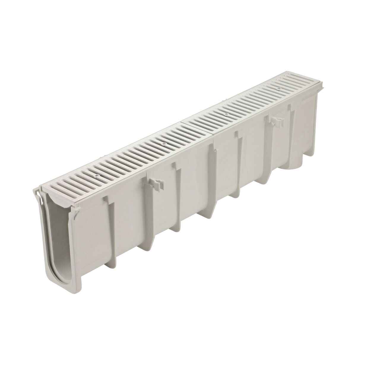 The NDS 11.05 in.to 11.39 in. Deep Dura Slope Channel Drain (NDS DS-112) with two Standard Dura Slope Light Gray Grates installed (NDS 661LG)