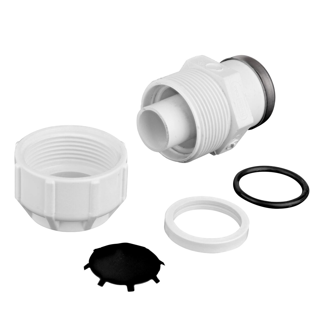 The NDS 1 in. SDR-9 CTS X 1 1/4 in. FPT Flo-Lock™ Gripper Adapter fully unassembled showing the steel gripper, EPDM O-Ring, and stiffner (NDS 731-12-10)