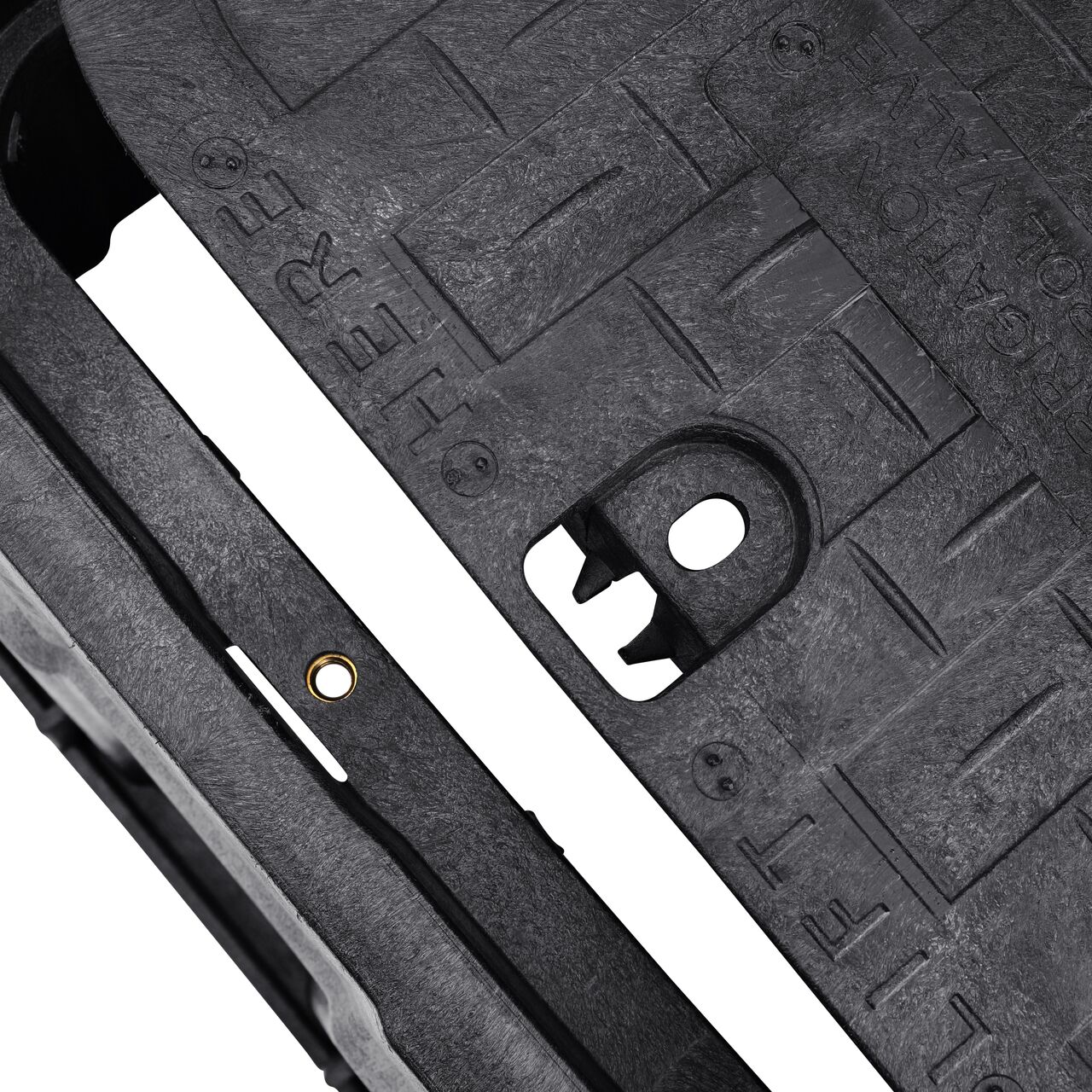 Align the bolt hole on the lid with the bolt hole from the NDS 13 in. X 20 in. Rectangular Pro-Spec® Series Jumbo Valve Black Box and Black Irrigation Control Valve Cover (NDS 317BCBBLK) for a secure fit