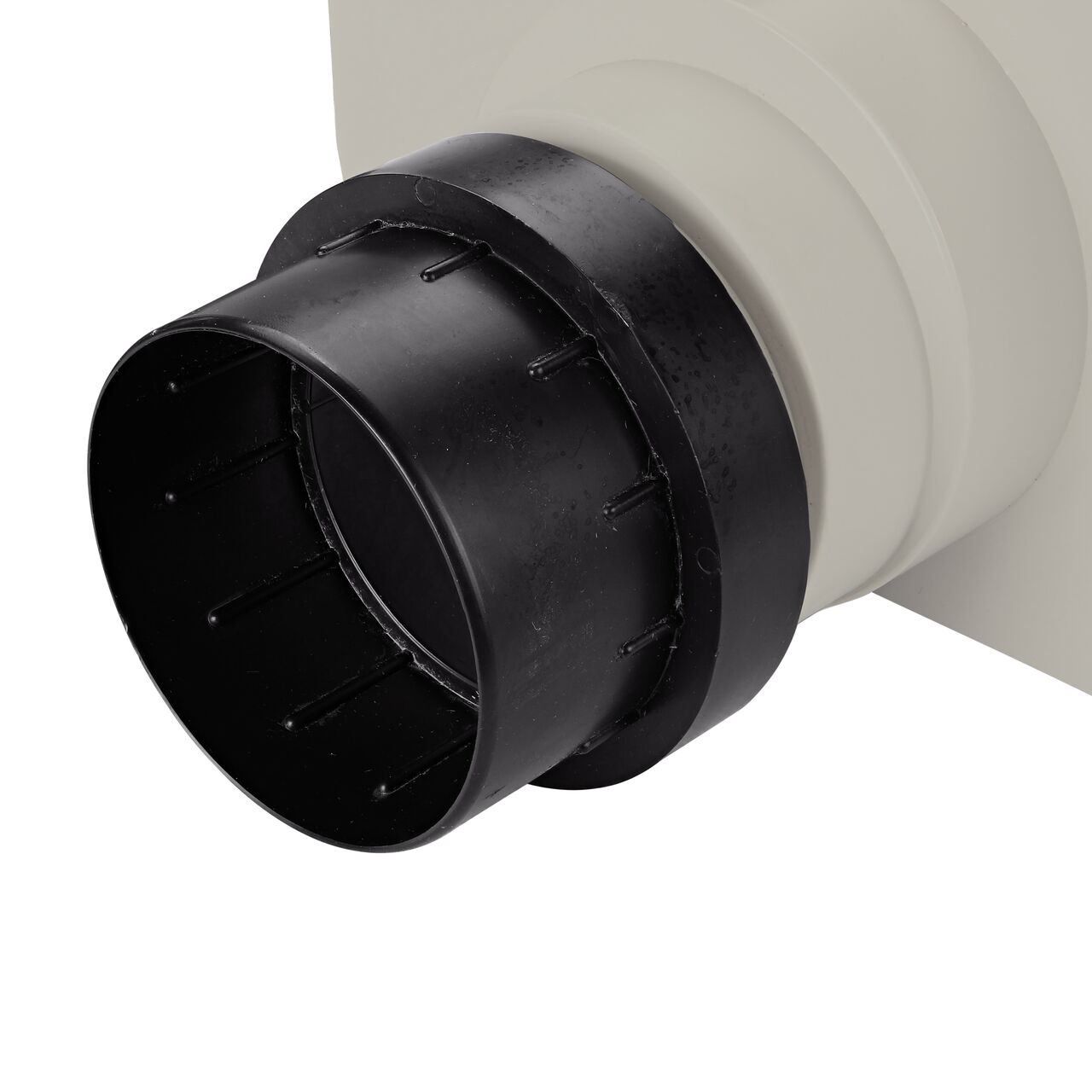 Closeup of the outlet opening of the NDS Light Gray 12 in. Pro Series Channel™ Drain End Cap/End Outlet (NDS 841)