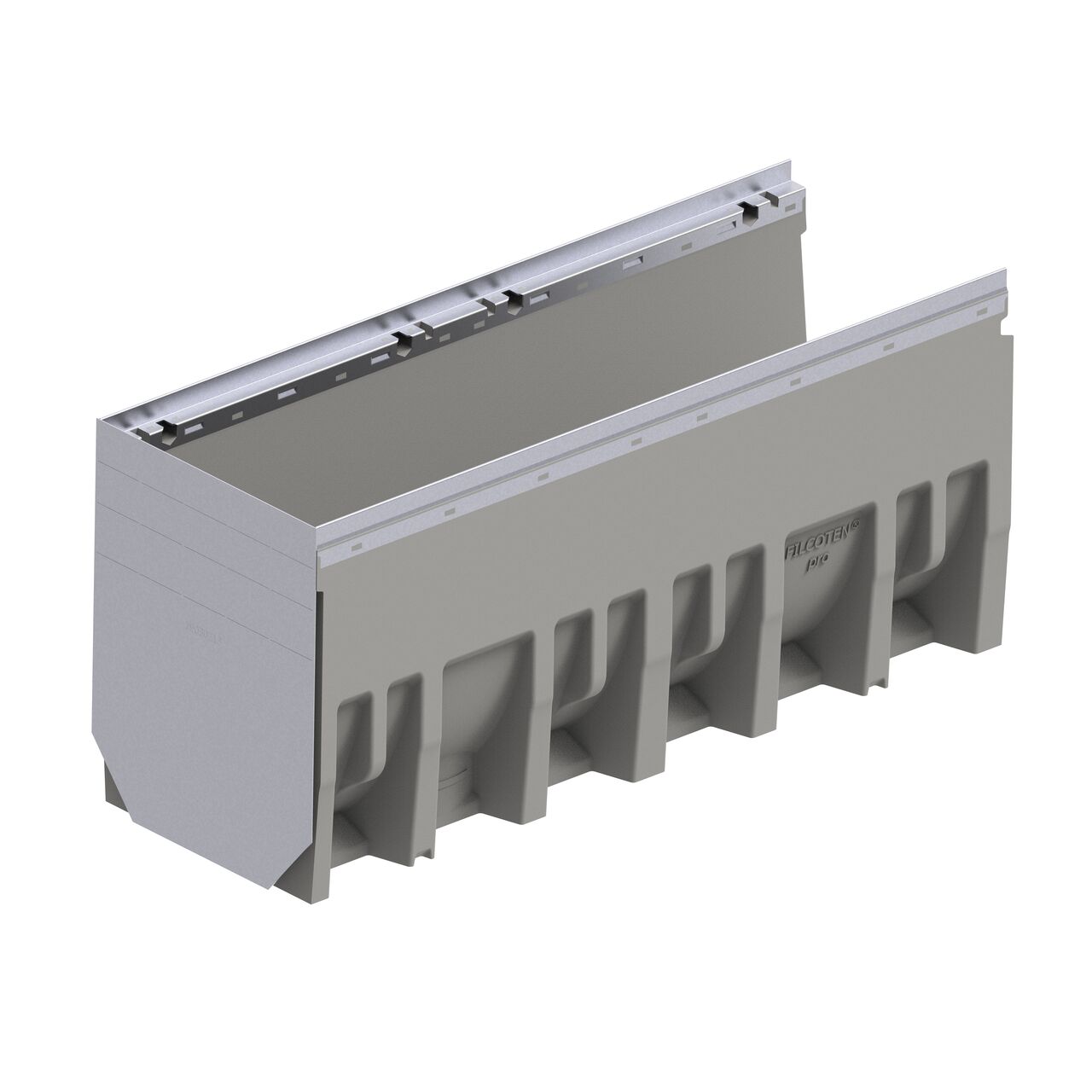 The galvanized steel BG-FILCOTEN® by NDS® 300 Trench Drain End Cap (NDS 19030213) installed on the female interlocking end of the 12 in. BG-FILCOTEN® pro V 300 Trench Drain with Galvanized Steel Rails