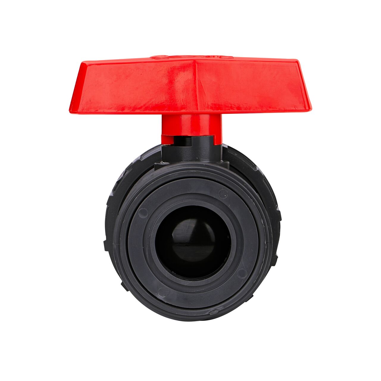The The 1-1/2 in. PVC Slip & Threaded True Union Ball Valve (NDS BTU-1500-E) shown with the connection end removed with the handle in the closed position to show how ball valve provides a shut off point in the system