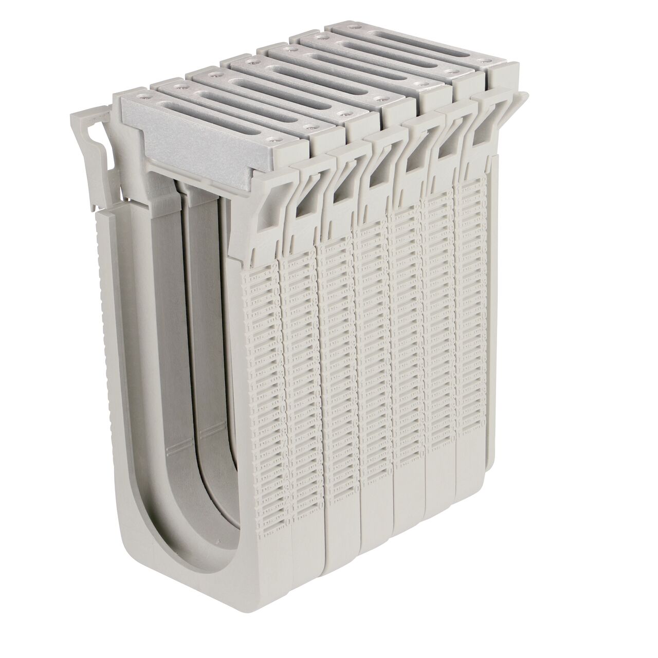 Seven Dark Gray Slotted Plastic Dura Slope™ Channel Drain EZ-Track™ Radius Coupling Grates (NDS DS-661MG) installed on seven Dura Slope EZ-Track Radius Couplings (NDS DSRC) with no bend