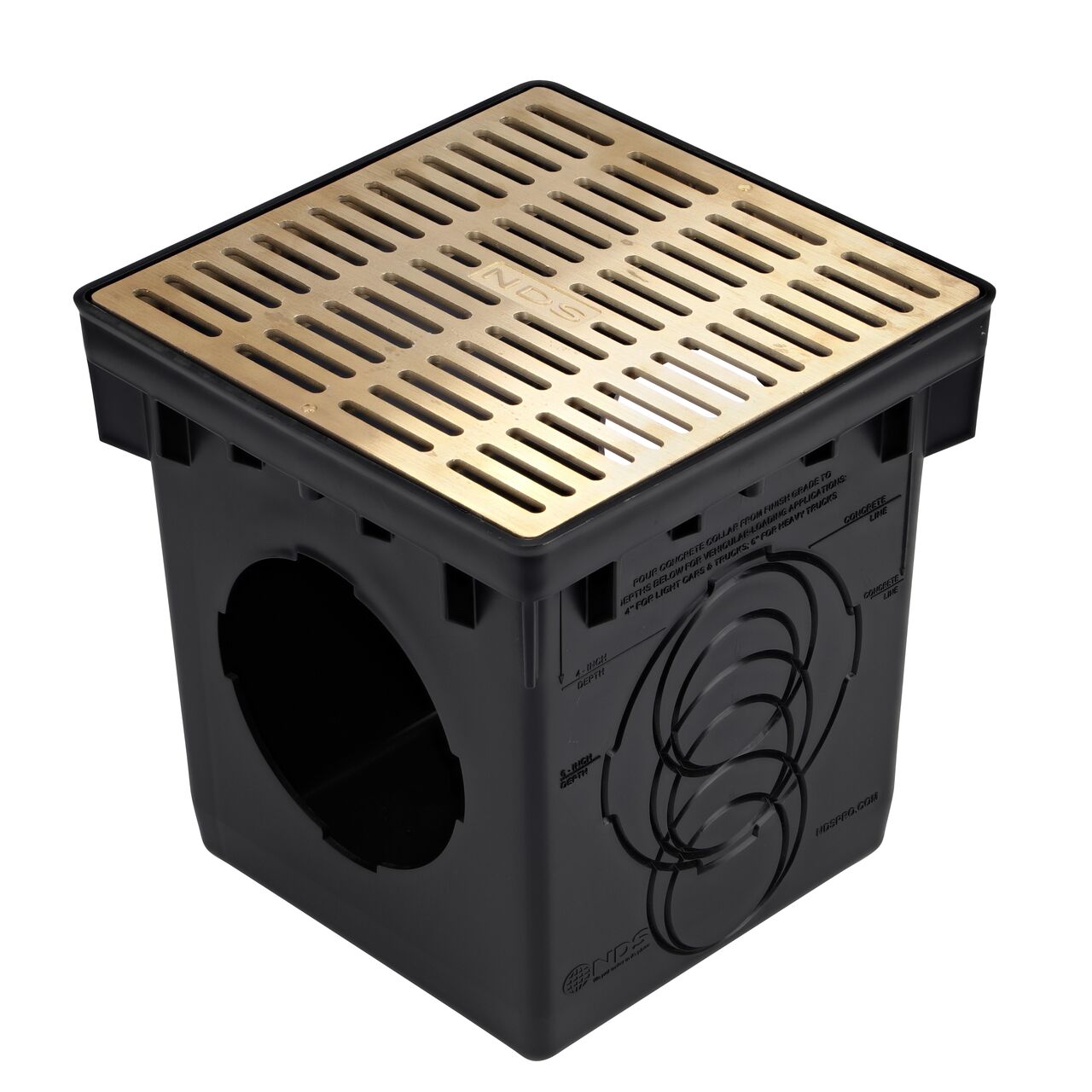 Brass Metal Grate 12 in. Square Catch Basin Drain Grate (NDS 1230B) installed on a black plastic 12 in. Catch Basin Drain with 2 Openings (NDS 1200)