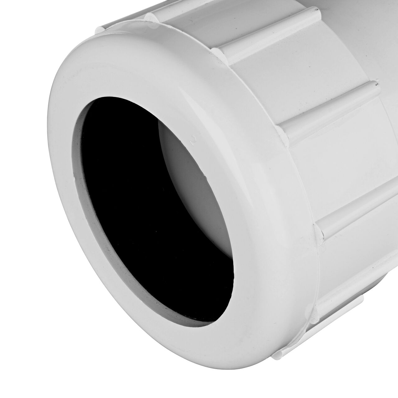 Closeup view of the NDS IPS UC Compression Coupling showing the 2-1/2 in. compression end with adjustable nut secured which reduces pull-out from pipe (NDS CPC-2500)
