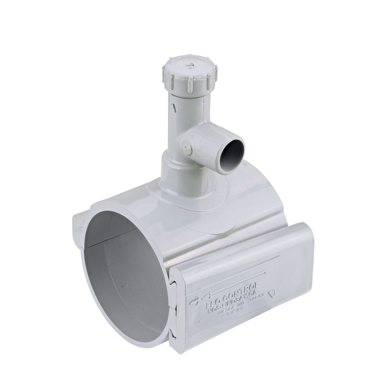 The 4 in. NDS Flo-Tap™ Rigid PVC Saddle with 3/4 in. socket or 1 in. spigot connection on top (NDS 3140) has a patented wedge design to add a branch connection to existing pipe without any bolts