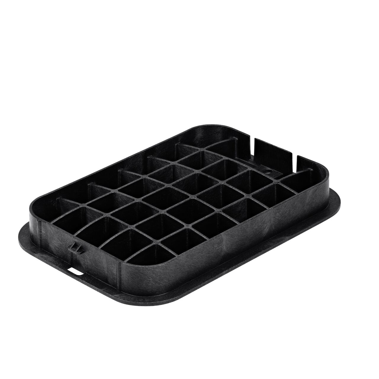 Bottom view of the reinforced ribs on the NDS 14 in. X 19 in. Black Water cover (NDS 313CW) that fits the NDS 14 in. X 19 in. Standard Series Valve Box