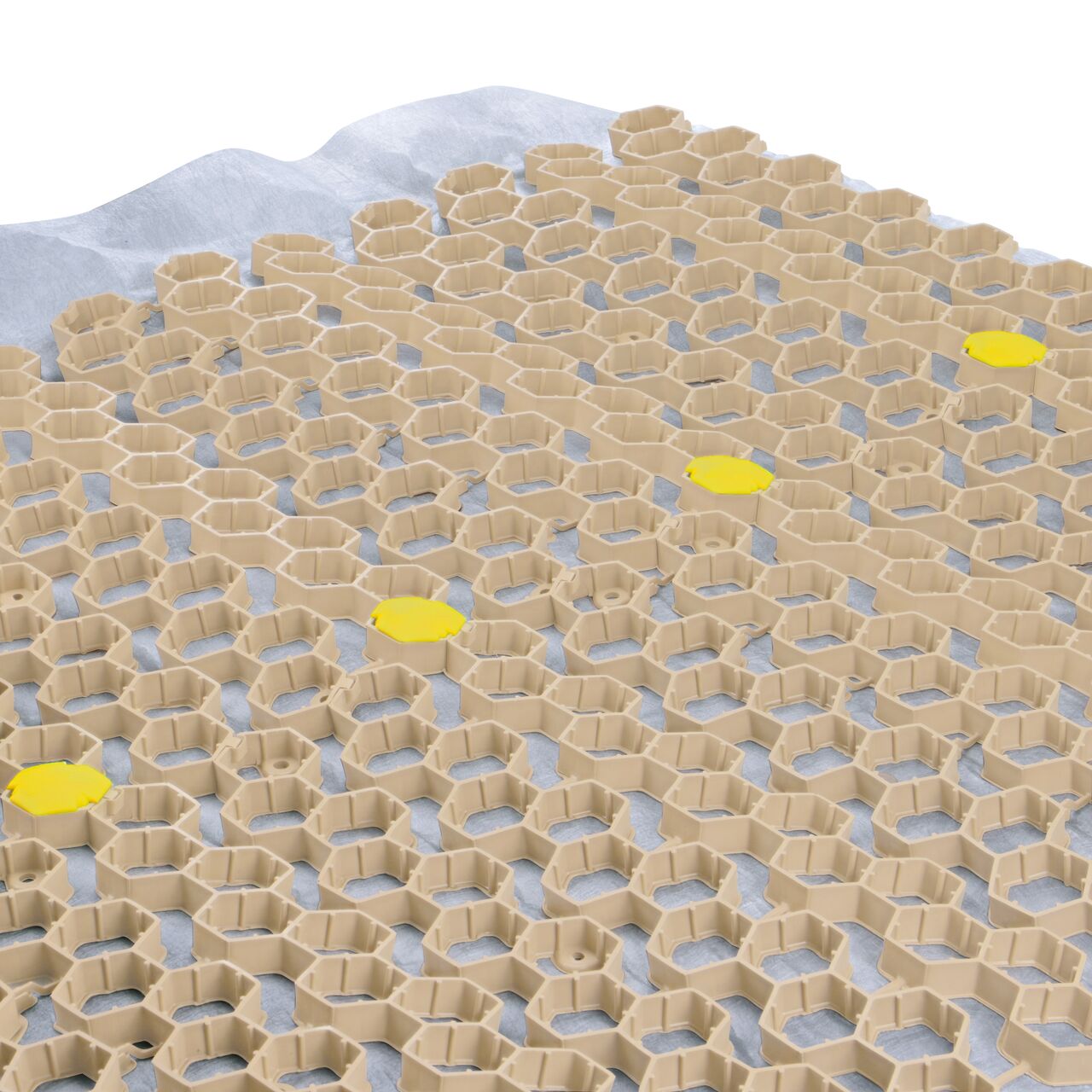 Use multiple Yellow NDS EZ Marker™ Parking Delineators (NDS EZMARKER) in the Tan NDS EZ Roll® Gravel Pavers (NDS GP4X150T) to guide motorists