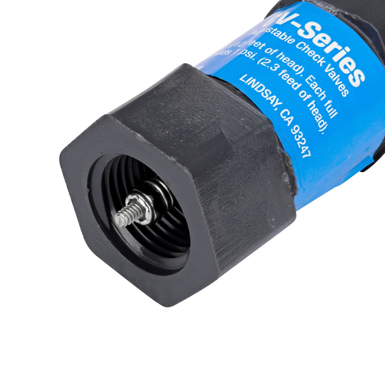 Closeup of the FPT end with a needle point spring on the NDS Gray 1/2 in. IPS FPT X FPT PVC Adjustable Inline Spring Check Valve (NDS CV-0500-FF)
