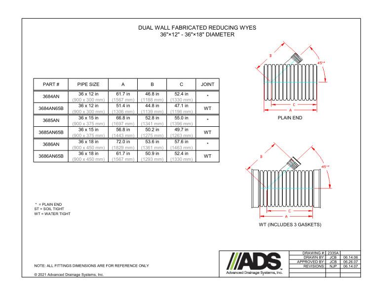 36" x 12" - 36" x 18" Fabricated Reducing Wyes (HDPE Dual Wall Fabricated Wyes Fittings)