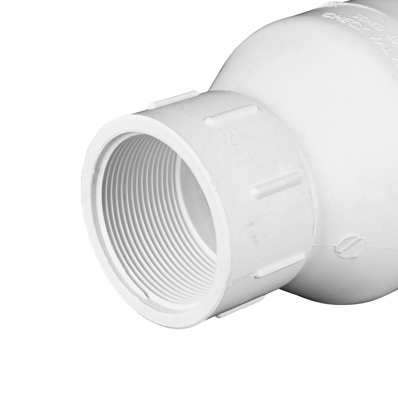 Closeup of the threaded end of the NDS 2 in. White PVC Spring Check Valve (NDS 1001-20, NDS 1002-20)