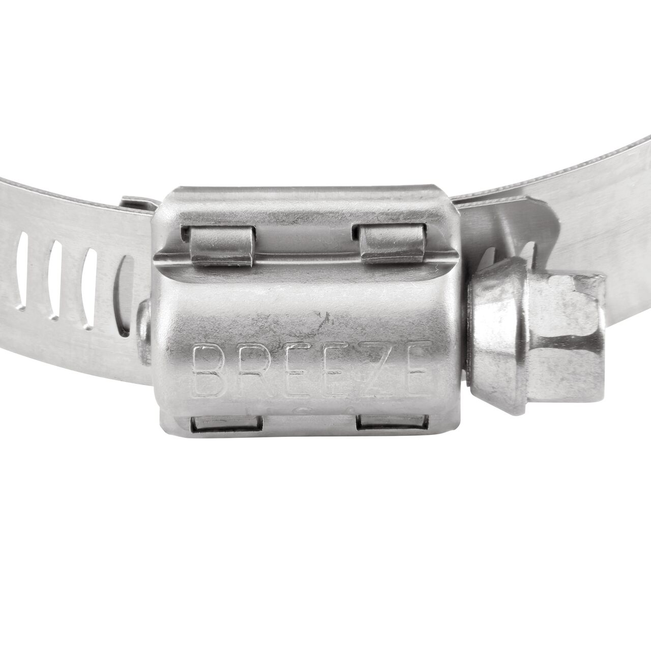 Closeup view of the two-piece clamp housing made of Series 300 Stainless Steel on the NDS SAE 36 Worm Drive Hose Clamp with Aero Seal 1/2 in. band width (NDS 64036H)