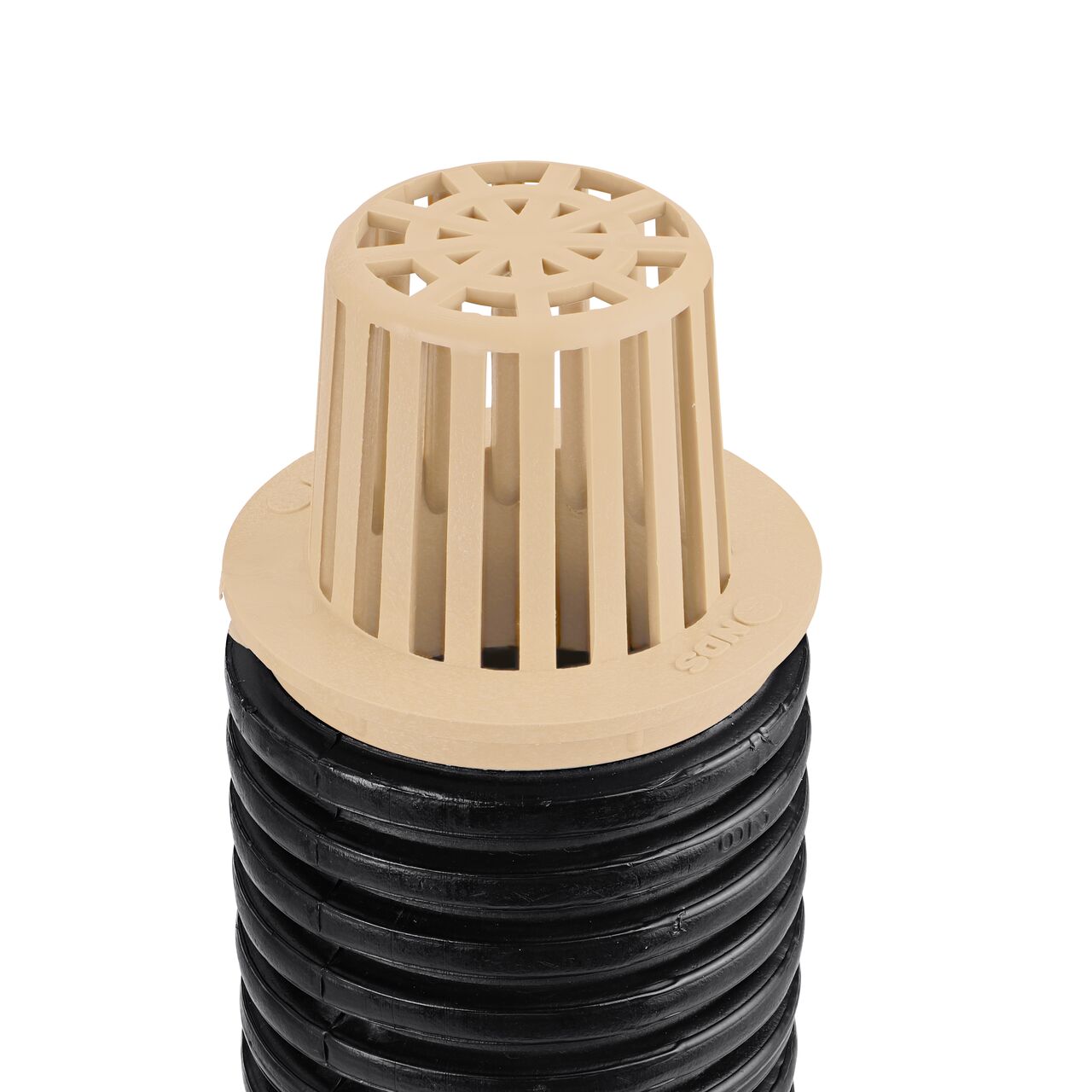 NDS Sand Plastic 3 in. Atrum Grate (NDS 74S) installed on 3 in. Single-Wall Corugated Pipe