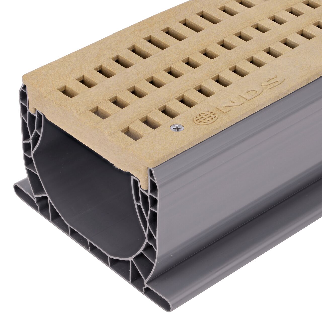 Closeup of NDS Spee-D® Channel Drain Grate, Decorative Wave Design in Sand Plastic (NDS 253S) fits a Spee-D Channel Drain (NDS 400)