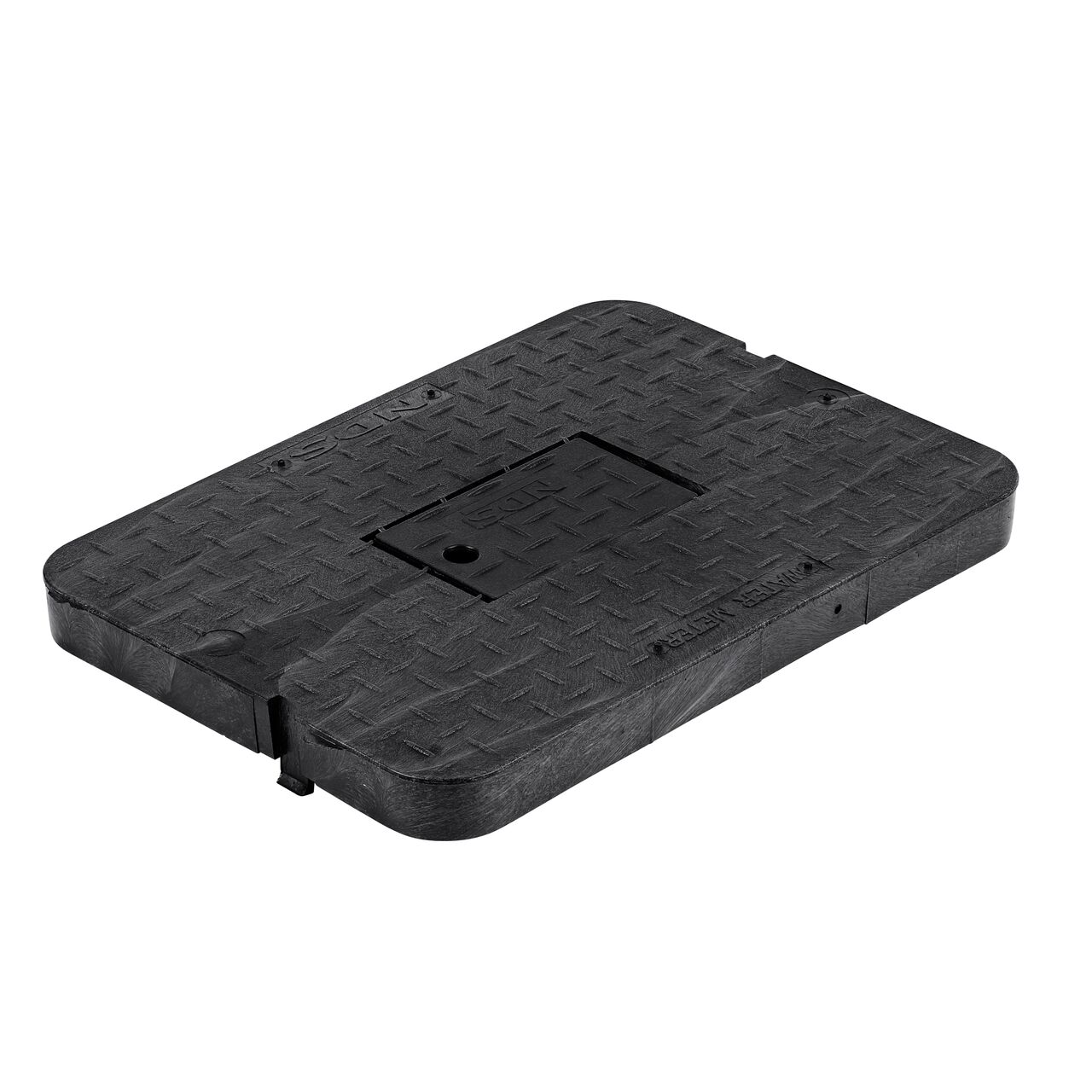 This NDS 13 in. X 20 in. Rectangular Standard Series Meter Box Cover is a Black Drop-in Cover with Water Meter markings on the lid (NDS D1500-DIRBL) with a plastic reader door and fits NDS standard series 13 in. X 20 in. meter boxes