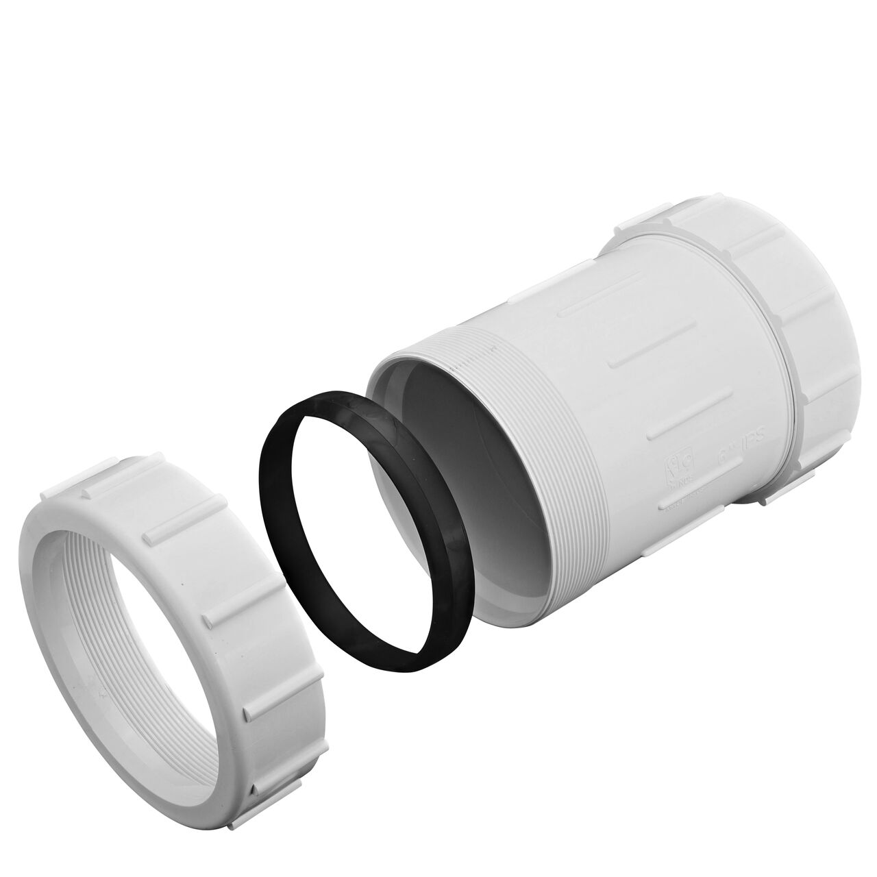 One unassembled end and one assembled end on the PVC Compression Coupling 6 in. IPS UC showing the Santoprene gasket and adjustable nut that tightens and secures to pipes providing a leak-resistant connection (NDS CPC-6000)