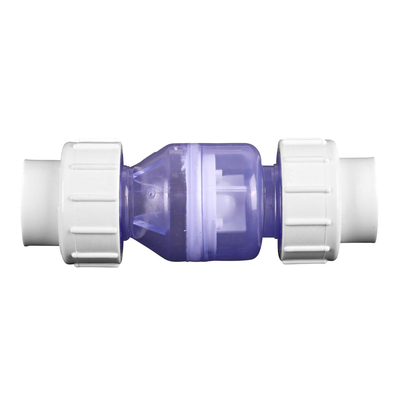 Side to side view of the NDS Clear 1 in. slip end by slip end with 1/2 lb. spring PVC True Union Spring Check Valve (NDS 1700C10) which prevents backflow in pipelines