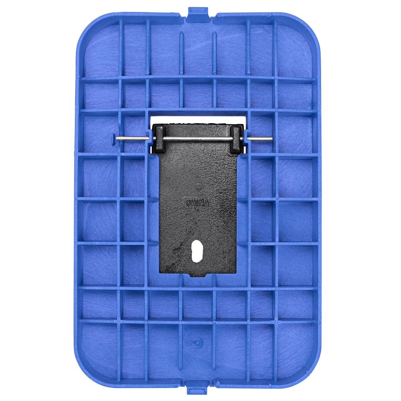Top down view of the underside of the Blue Water Meter cover (NDS D1200-DICIRBLUL) for the NDS 14 in. X 19 in. Rectangular Standard Series meter box showing reinforcing ribs that help support pedestrian and lawn care equipment and hinged Cast Iron reader door