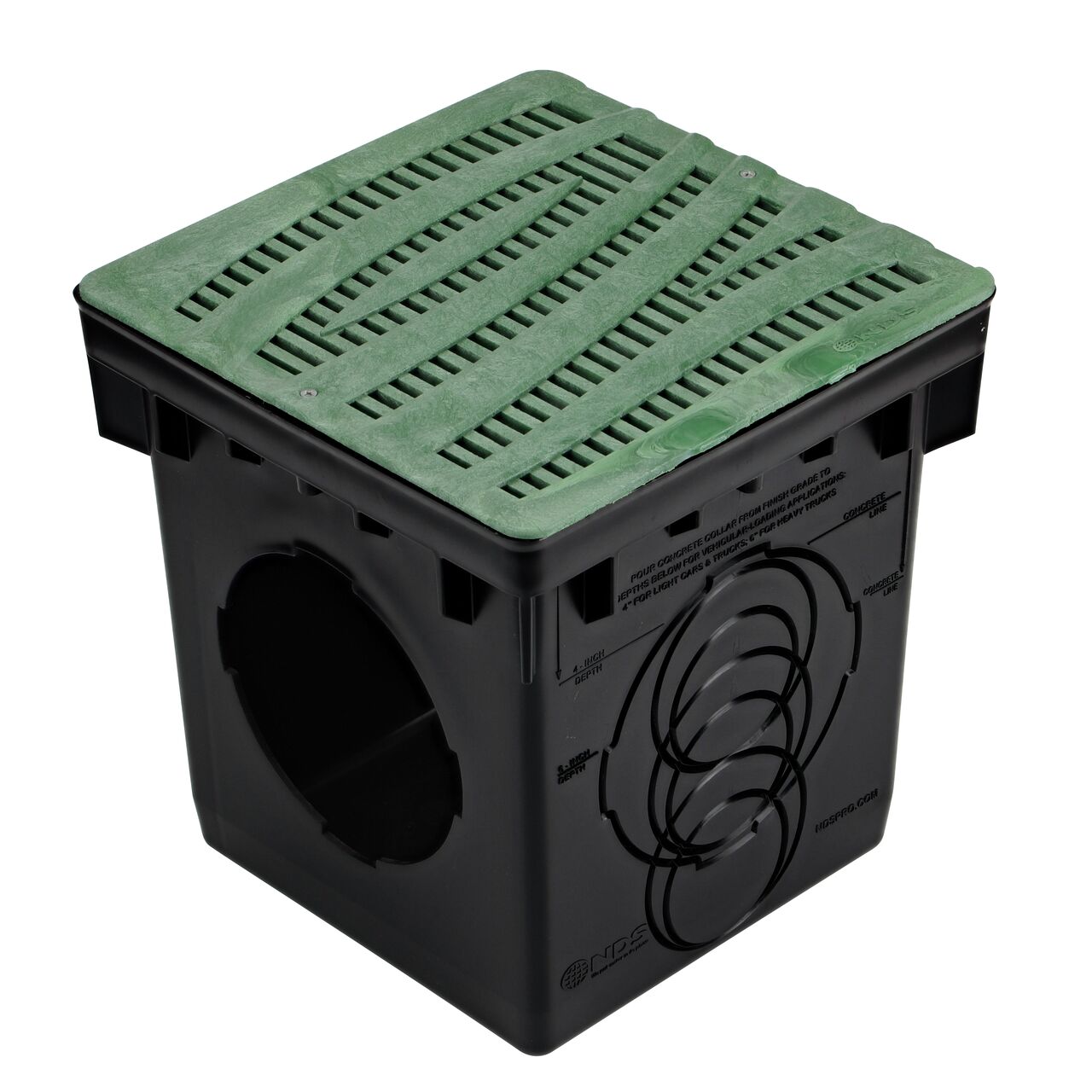 Alternate shot of Green 12 in. NDS Square Catch Basin Drain Grate with Decorative Wave Design (NDS 1224GR) installed on a NDS 12 in. Square Catch Basin (NDS 1200)