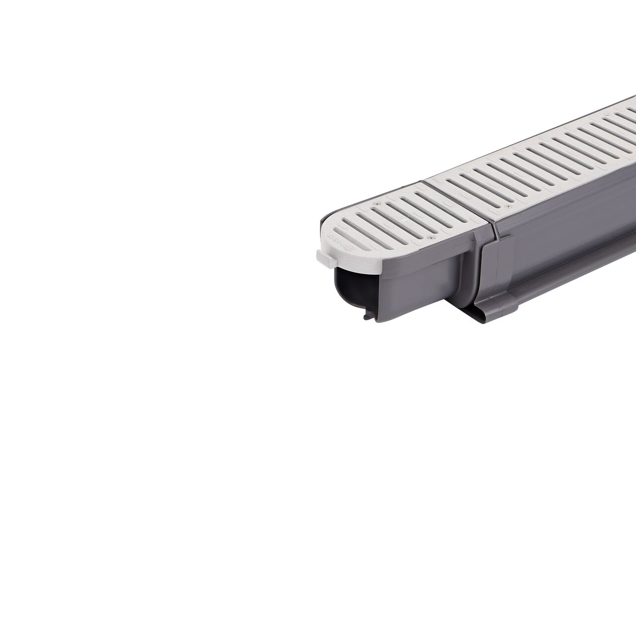 Step 1 is to connect the end piece from the NDS Spee-D® Contour™ Channel Drain Start & End Kit (NDS 400-ACSE-WH) to a straight piece of NDS Spee-D Channel drain (NDS 400, 400-10) using the Spee-D Coupling (NDS 248)