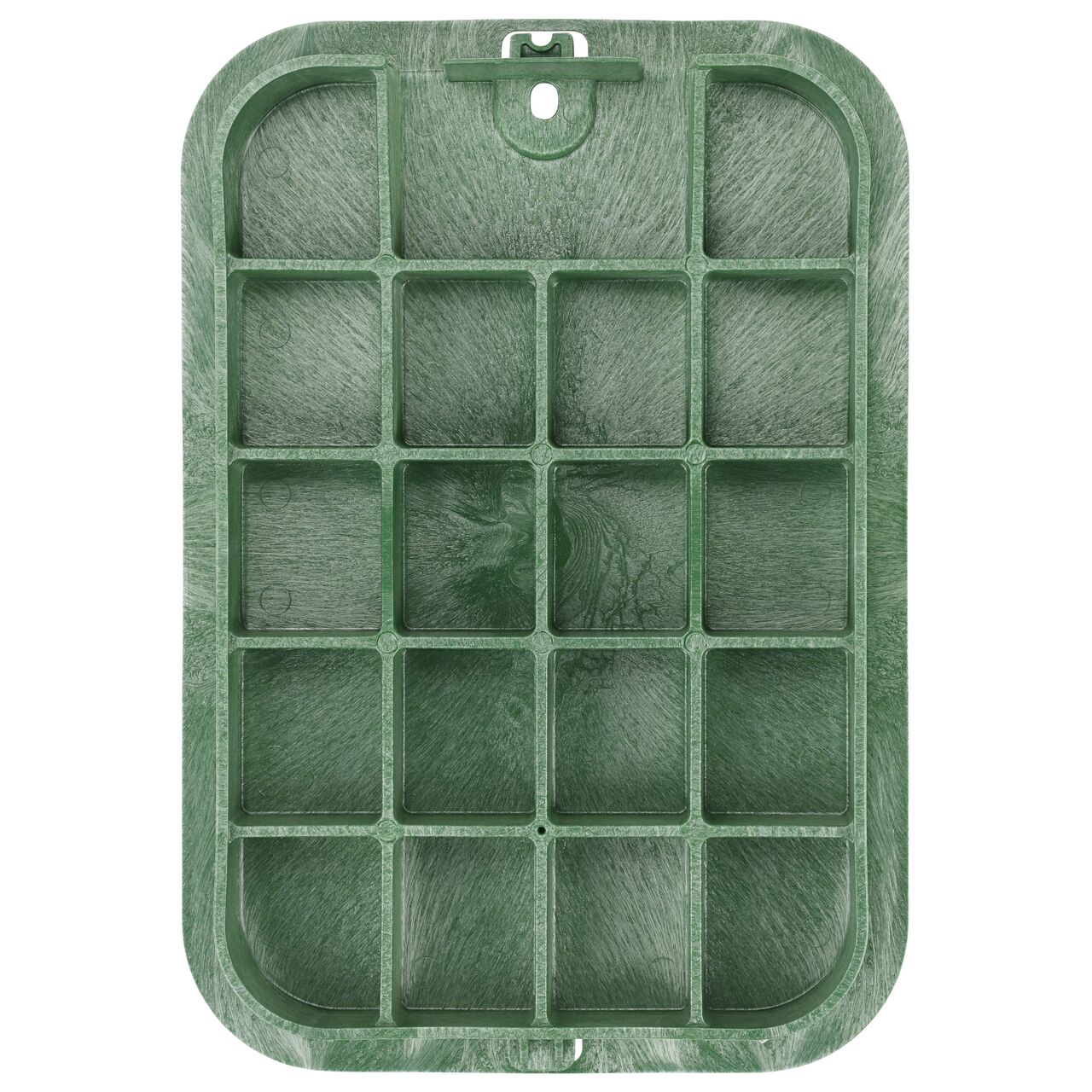 Top down view of the underside of the green irrigation control valve cover (NDS 313C) for the NDS 14 in width and 19 in. length rectangular series showing reinforcing ribs that help support pedestrian and lawn care equipment