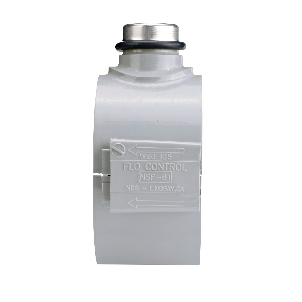 Side view showing patented wedge design in locked position on the NDS Clamp-It™ Rigid PVC Saddle for 4 in. PE pipe with 3/4 in. FPT connection on top (NDS 344007P)