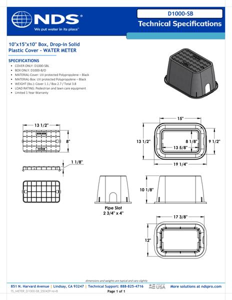 NDS 10 in. X 15 in. Rectangular D1000 Meter Box and Drop-in Cover, 10 in. Height, Black Box, Black Water Meter Cover (no reader) Tech Spec