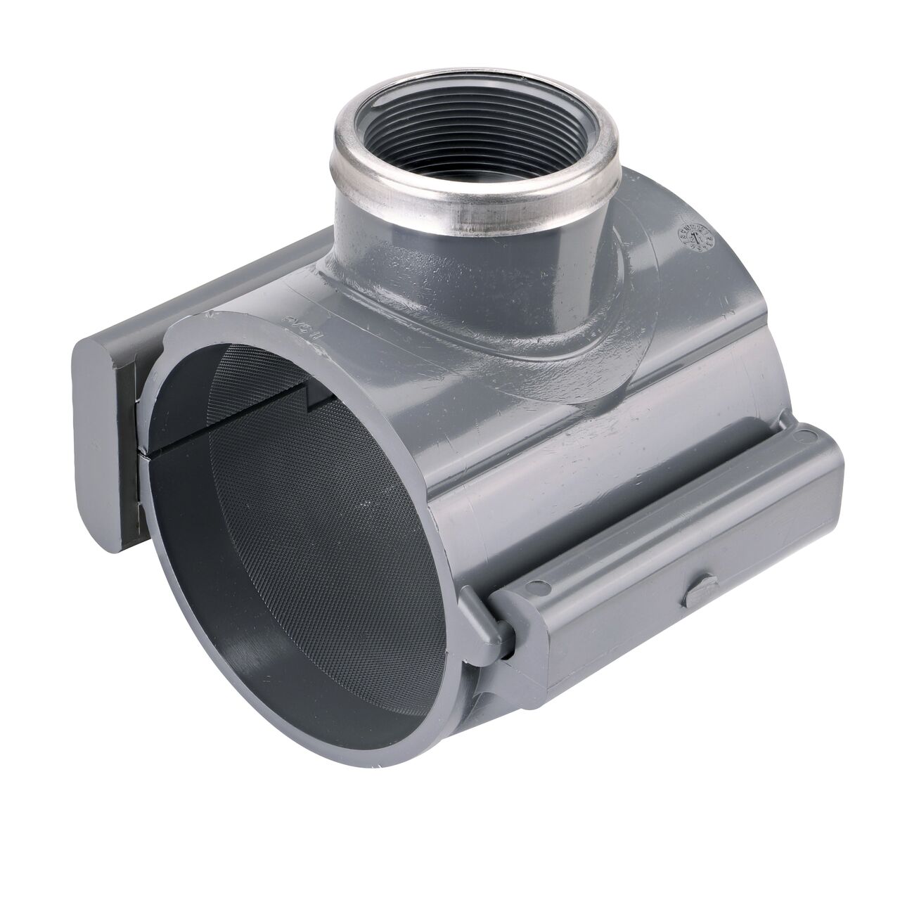 The NDS Clamp-It™ Rigid PVC Saddle with 2 in. FPT connection on top (NDS 444020) for 4 in. PVC pipe has a patented wedge design on one side and hinge on the other to install a sprinkler irrigation system to existing pipe without any bolts