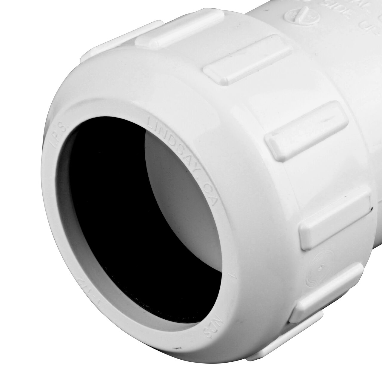 Closeup of the union inlet end of the NDS White 1-1/2 in, IPS UC X UC Checkmate PVC Swing Check and Ball Valve Combination (NDS 2200-15UC)