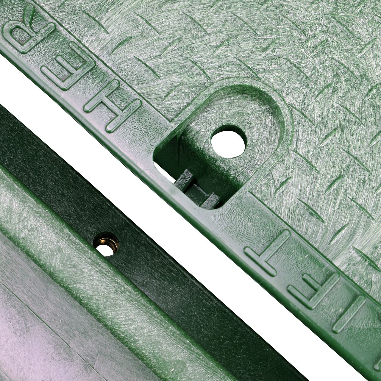 Align the bolt hole on the lid with the bolt hole from the NDS 13 in. X 20 in. Rectangular Standard Series Green Box and Green Irrigation Control Valve Cover (NDS 118BC) for a secure fit