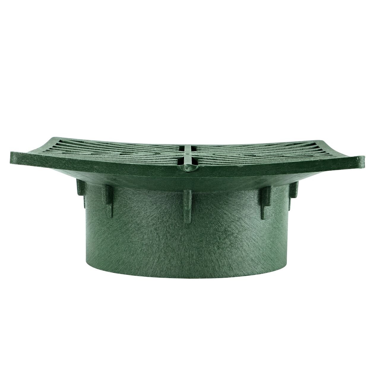 Side angle view of the green NDS 6 in. Square grate that fits 3 in. and 4 in. drain pipes and fittings and is made of high-density polyethylene (HDPE) treated with UV inhibitors (NDS 5*, NDS 5)