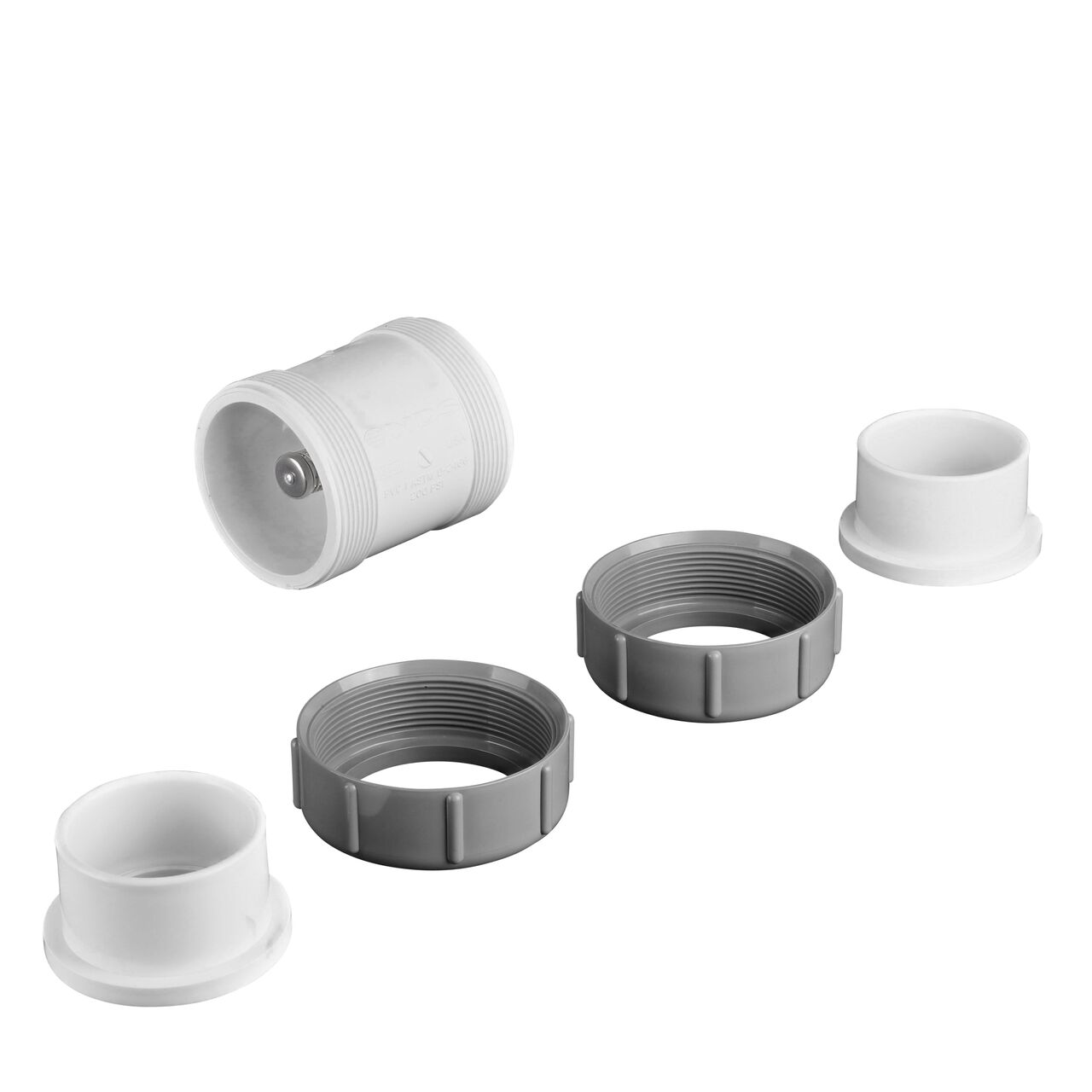 Unassembled view of the NDS 2 in. IPS slip by slip PVC Compact True Union Spring Check Valve (NDS 1790-20) where ends unscrew to remove for maintenance