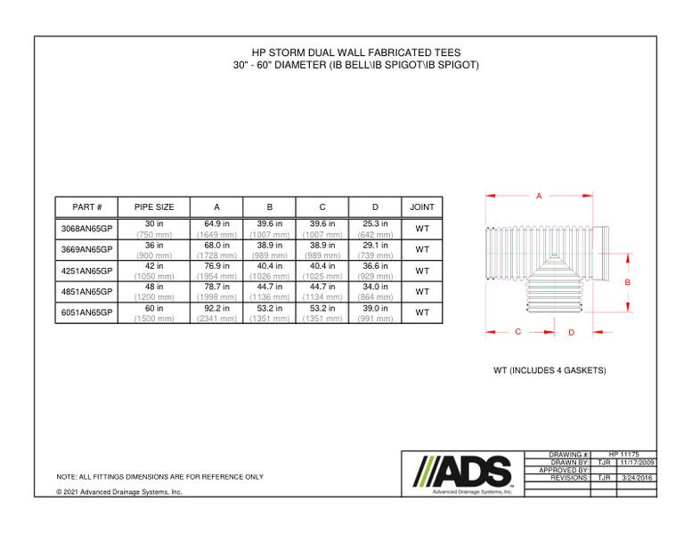 30"-60" Tee - IB Bell\IB Spigot\IB Spigot (HP Storm Tees Fittings Manual)