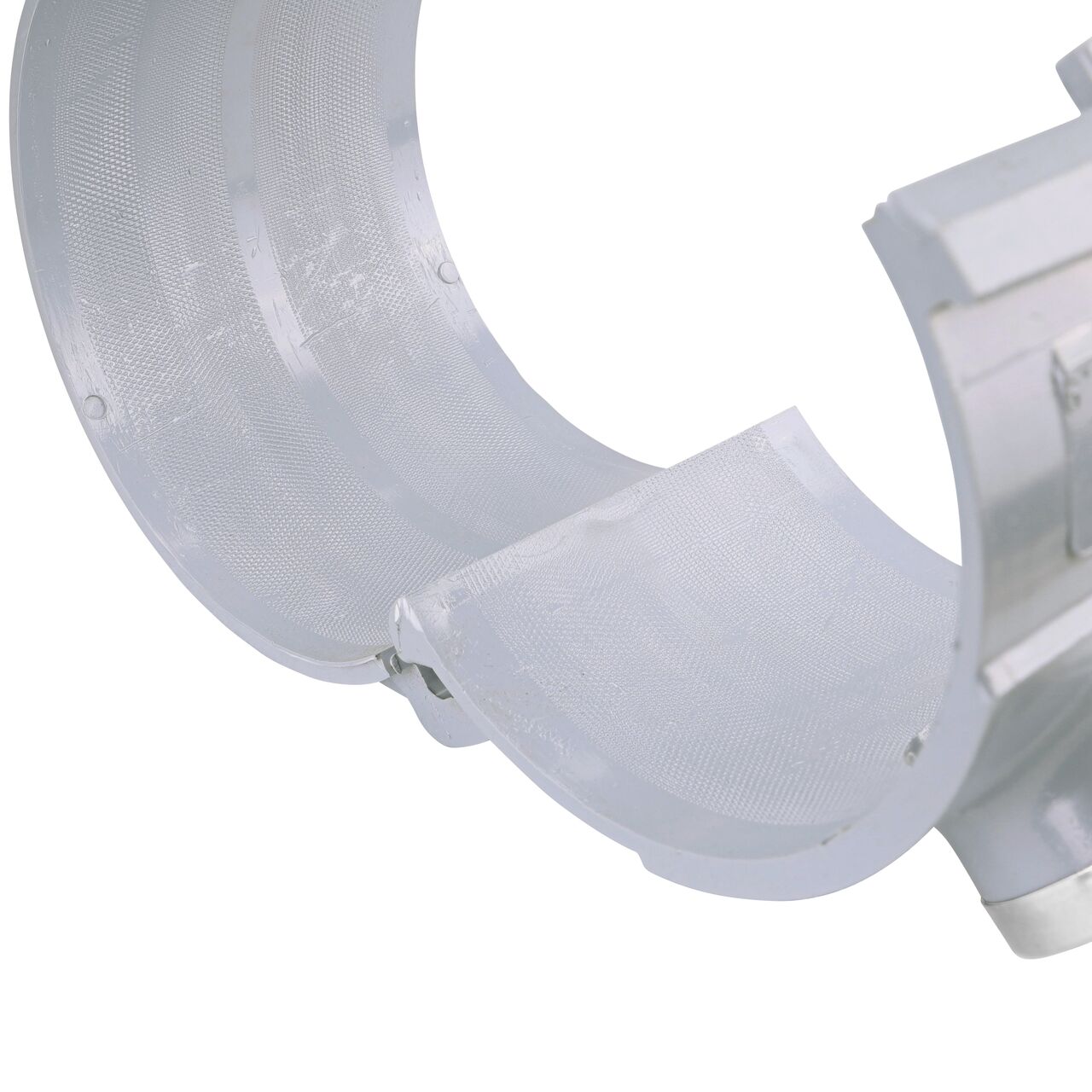 Closeup of the hinge open on the NDS Clamp-It™ Rigid PVC Saddle with 1-1/2 in. FPT connection on top (NDS 446015) for 6 in. PVC pipe