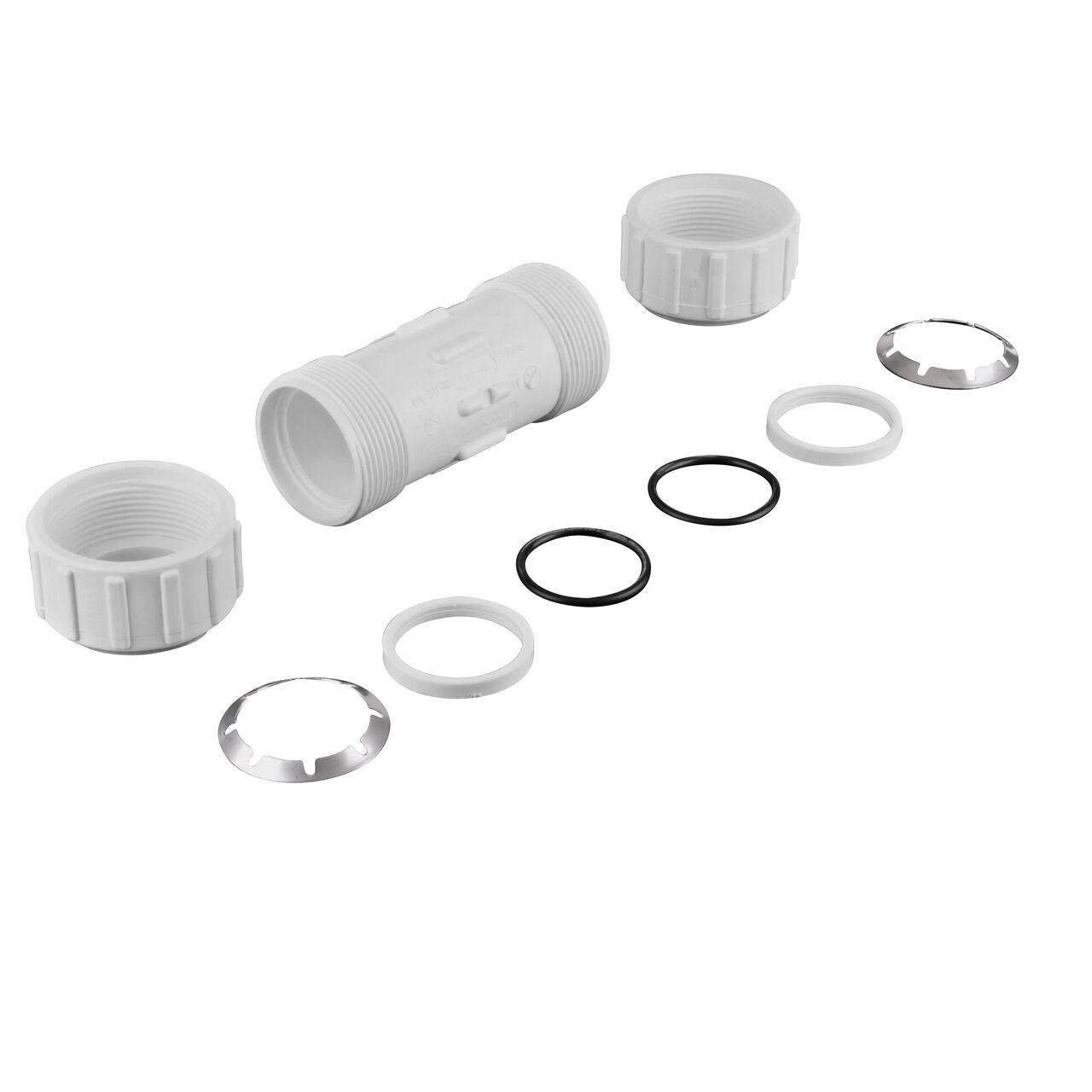 The NDS 1-1/2 in. SDR-9 CTS X 1-1/4 in. PE TS Flo-Lock™ Gripper Reducer Coupling fully unassembled showing the steel gripper and EPDM O-Ring (NDS 710-15)