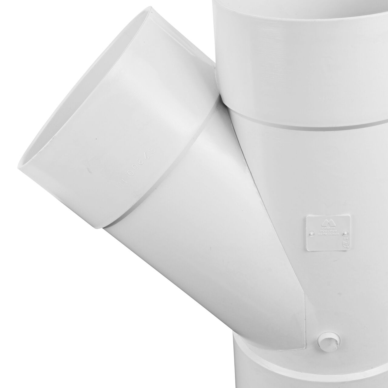 Closeup of any wording of the PVC 45 degree wye for 8 in. Sewer and Drain pipes, with 8 in. Hub X Hub X Hub connection (NDS 8P08)