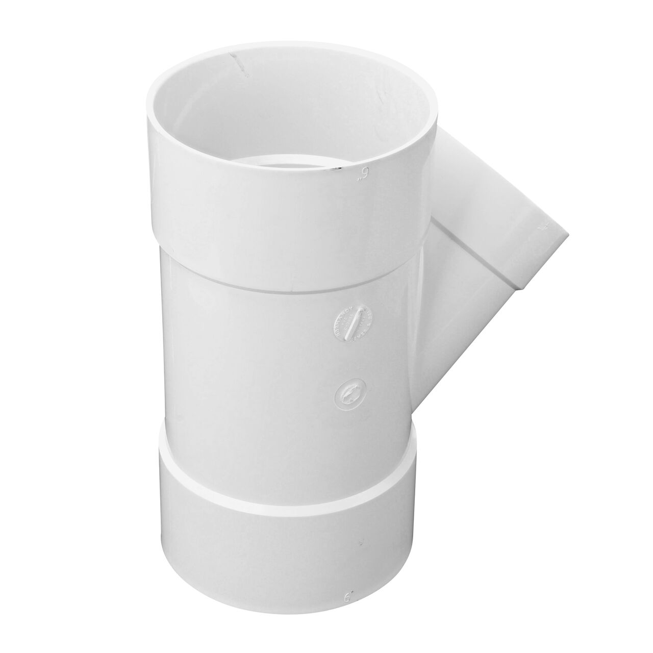 The two ends on the NDS PVC 45 degree wye for Sewer and Drain pipes has 6 in. Hub connections with one 4 in. Hub connection in the middle (NDS 64P08, NDS L64P08)